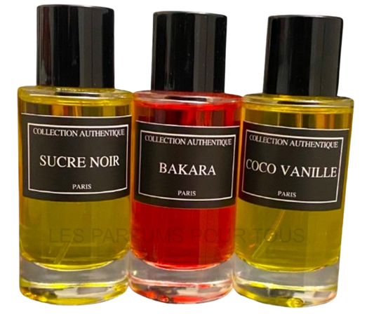 LOT X 3 PARFUMS COLLECTION PRIVÉE 50 ML SUCRE NOIR - BAKARA - COCO VANILLE ÉDITION AUTHENTIQUE